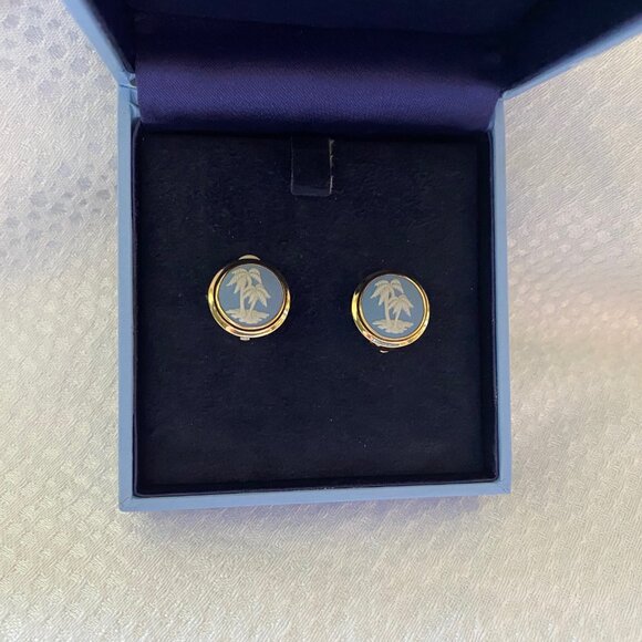 Genuine Wedgwood Blue Oval Hawaii Brooch & Matching Clip Earrings - Picture 8 of 16